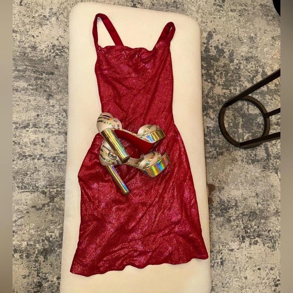 Carmen Marc Valvo Red Sequin Silk Dress